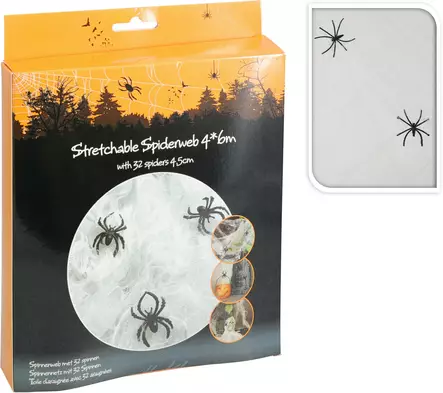 Halloween stretchigt spindelnät 4x6m + 32 svarta spindlar festdekoration för inomhus- och utomhusbruk - Festdekorationer - 8720573261647 - 1