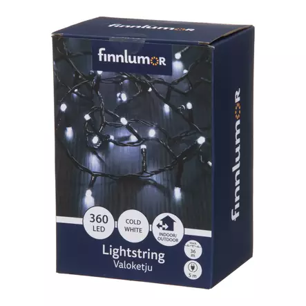Valoketju 360 LED valkoinen musta johto Finnlumor - Pitkä valosarja valkoisella valolla (3800K) ja mustalla johdolla, IP44 - Ljusslingor - 6410416523057 - 2