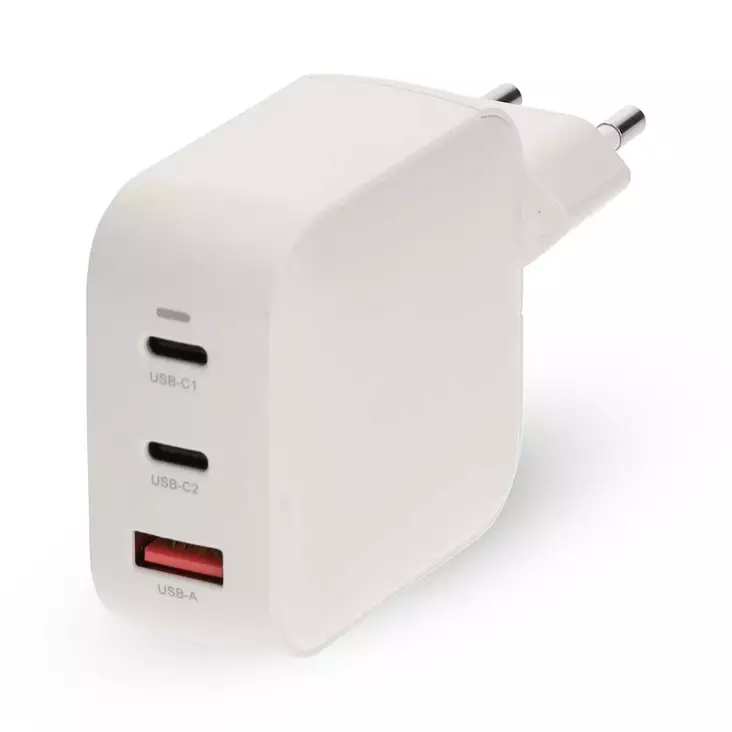 Väggladdare | 100 W | GaN | PD3.0 | 2.5 / 3.0 / 5.0 A | Antal utgångar: 3 | USB-A / 2x USB-C | Automatiskt val av Spänning | Vit - Nätladdare - 5412810470167 - 1