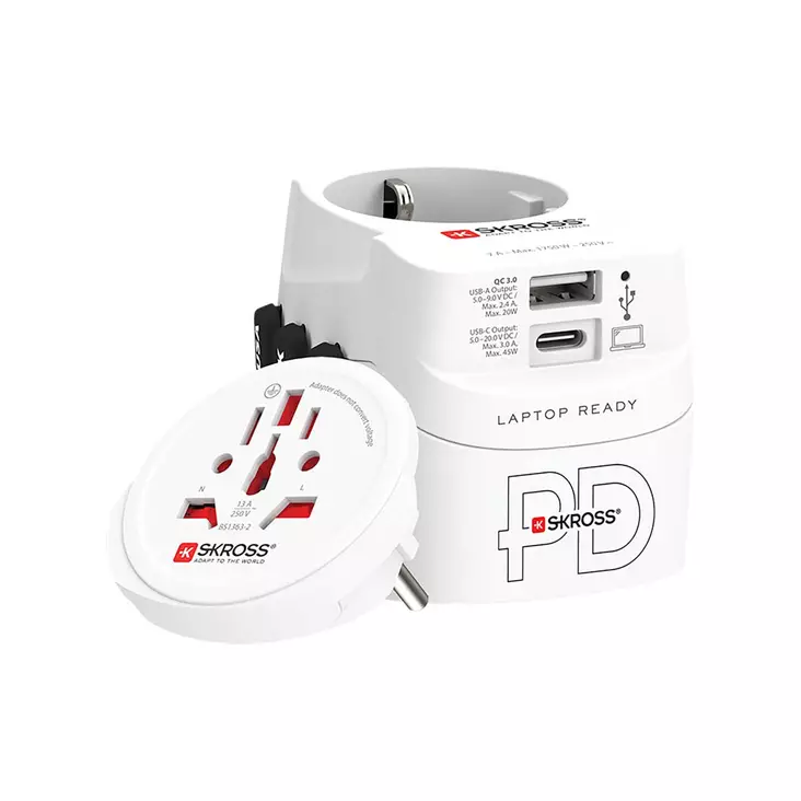 Reseadapter 3-polig jordad med integrerad snabbladdare 45 watt PD USB-laddare (1 x USB C & 1 x USB) - Reseadaptrar - 7640166329107 - 10