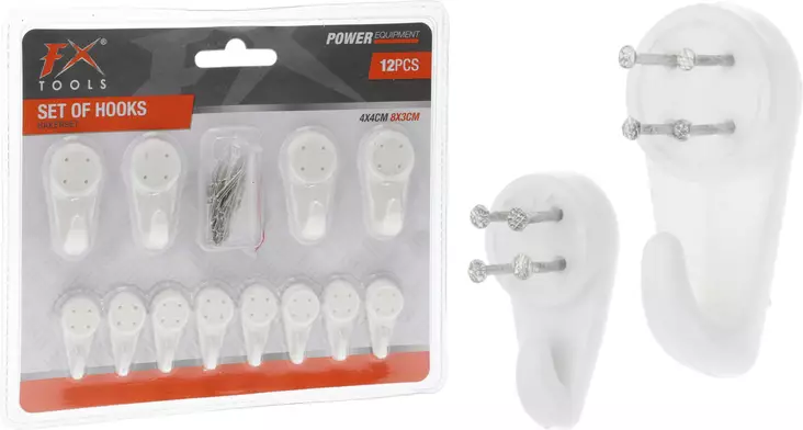 FX Tools 12 st väggkroksset – hållbara plastkrokar och spikar för enkel montering i hemmet - Krokar och konsoler - 8711295881237 - 1