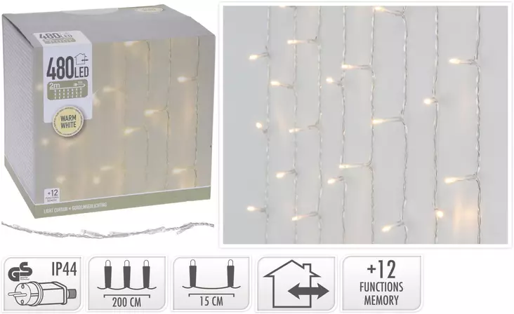 LED Ljusgardin 480 Varmvit LED, 225x300cm, 16 Remsor, 12 Funktioner, IP44, Inomhus/Utomhus - Ljusslingor - 8719987254017 - 1