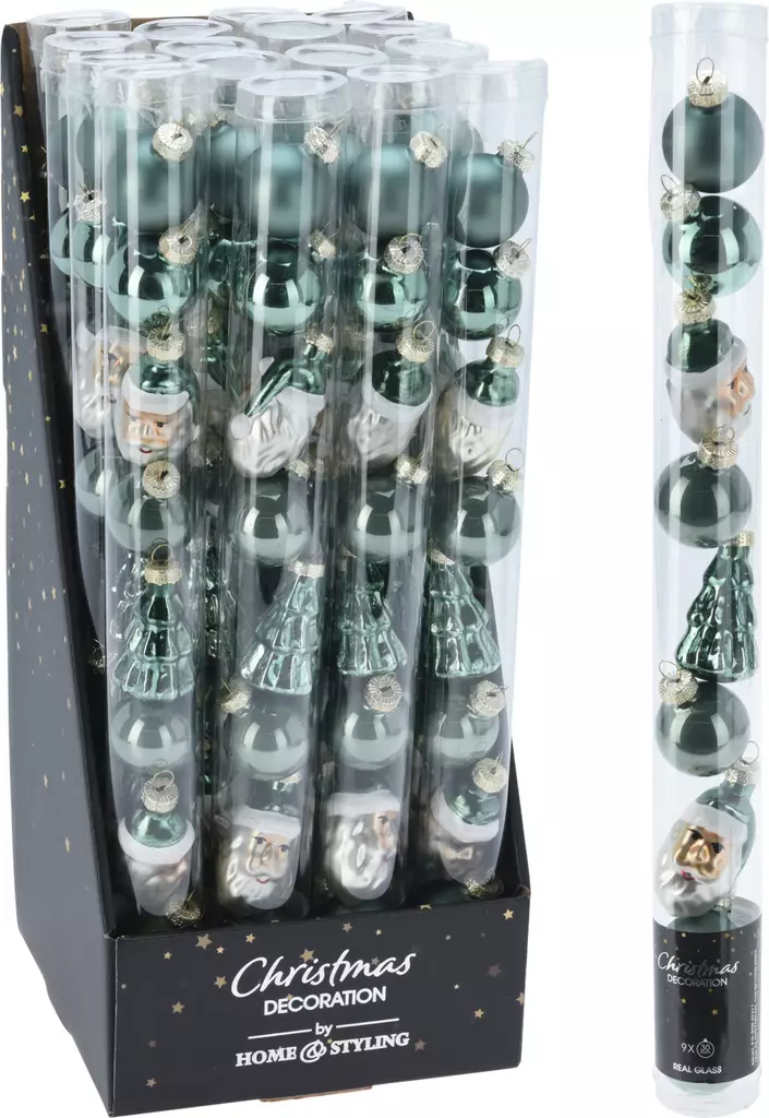 Grönt set med julkulor och dekorationsfigurer i glas, 9 st – blank och matt finish - Juldekorationer och textilier - 8721037200387 - 1