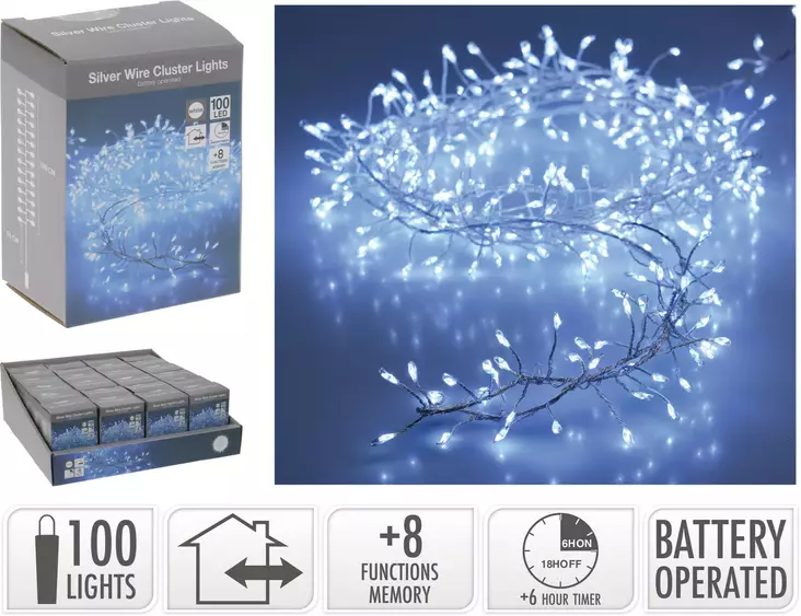 Silvertråd LED-ljusslinga 100 kallvita LED, batteridriven med timer och 8 funktioner - Ljusslingor - 8721037202817 - 1