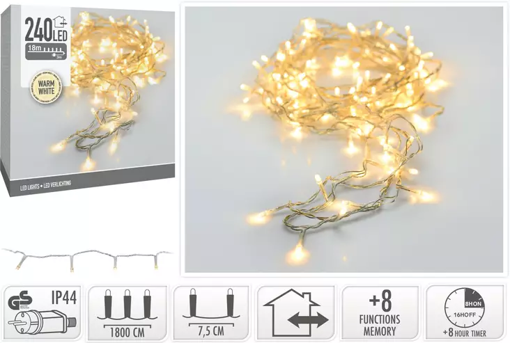 LED-ljusslinga för utomhusbruk 240 varmvita LED, timer, 8 funktioner, IP44, 18 m - Ljusslingor - 8721037226707 - 1