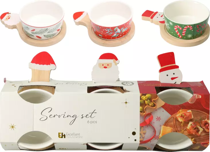 Julens 6-delade serveringsset – festlig helhet med tre porslinsskålar och en bambubricka - Juldukning för julen - 8721037490337 - 1