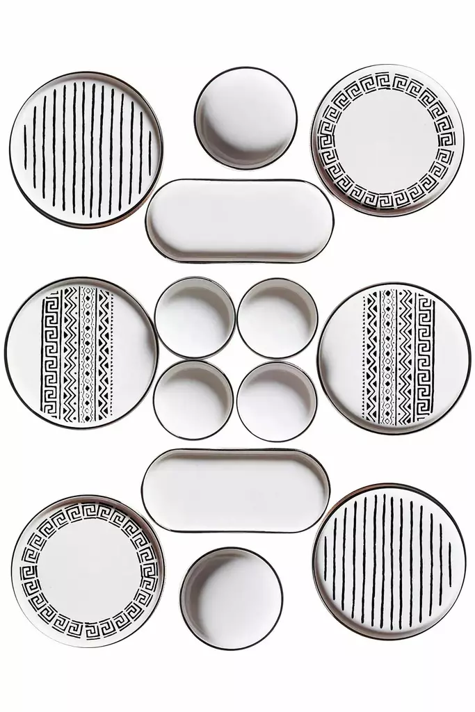 Frukostset (14 delar), svart/vitt, 19 cm, 25 x 11 x 3,5 cm, 10,5 x 10,5 x 3,5 cm, hållbart, stilrent, mångsidigt - Tallrikar - 8684282833307 - 1