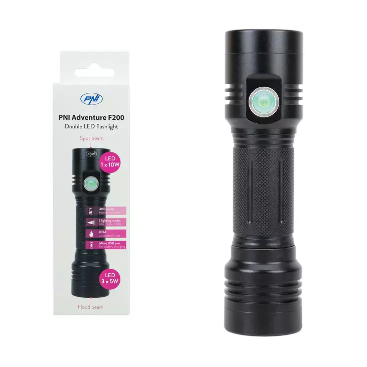 Aluminium PNI Adventure F200 dubbel LED-ficklampa, 4000mAh batteri och mikro-USB-port, 3 lysdioder med stor bländare och en med fokus, båda har 3 effektnivåer - Ficklampor - 5949066525797 - 1
