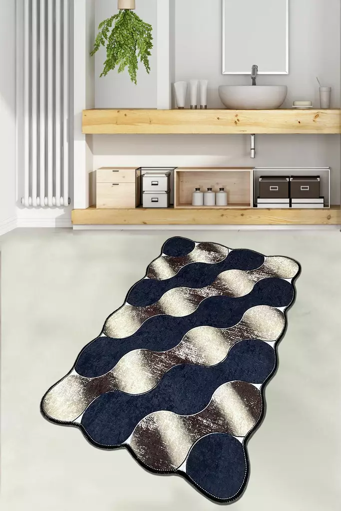 Badrumsmatta Mijölnir Mörkblå Guld Beige 100% Polyester Antibakteriell Halkfri 70x120 cm - Badrumsmattor och våtrumsmattor - 8683743784387 - 1