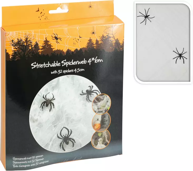 Halloween stretchigt spindelnät 4x6m + 32 svarta spindlar festdekoration för inomhus- och utomhusbruk - Festdekorationer - 8720573261647 - 1
