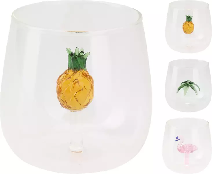 Dricksglas med dekoration 400ml, flamingo/palm/ananas, 3 st - Hushållsprodukter - 8721037371827 - 1