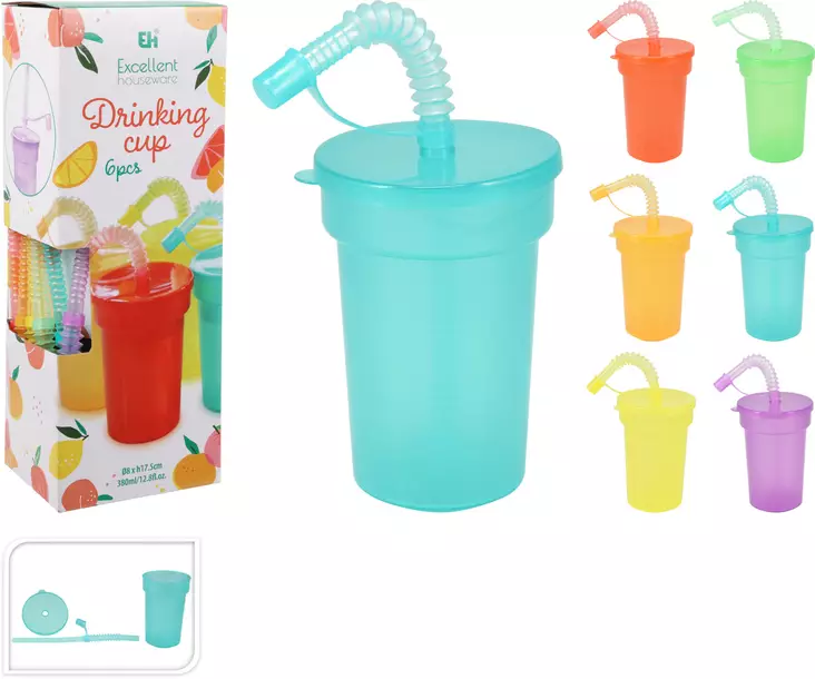 Dricksmugg med lock och sugrör, plast, 380 ml, 6-pack, olika färger - Vattenflaskor - 8721037373807 - 1
