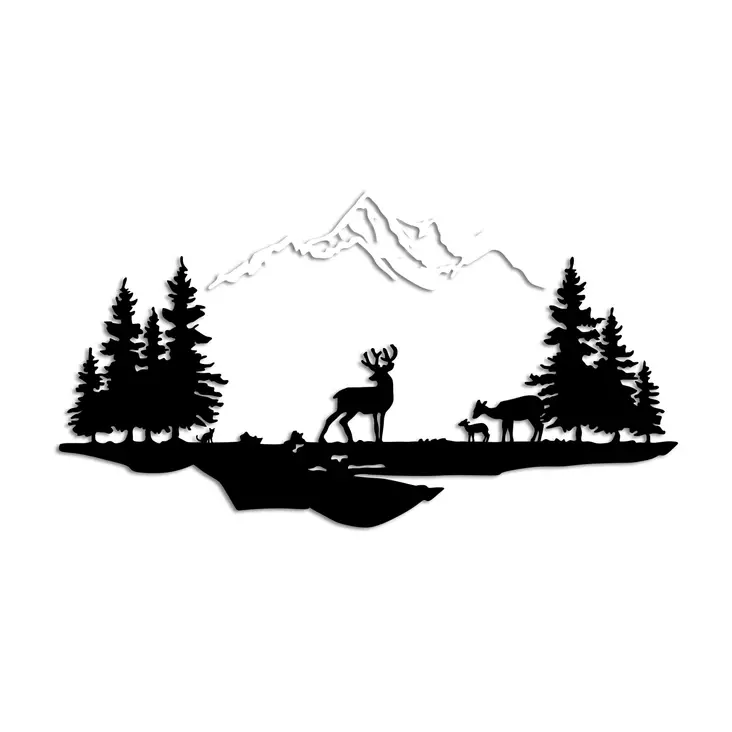 Väggdekor Metall Wallity Deer And Landscape Svart Vit Metall 70x38 cm 1 Del - Dekorationer, prydnadsföremål - 8683742828327 - 1