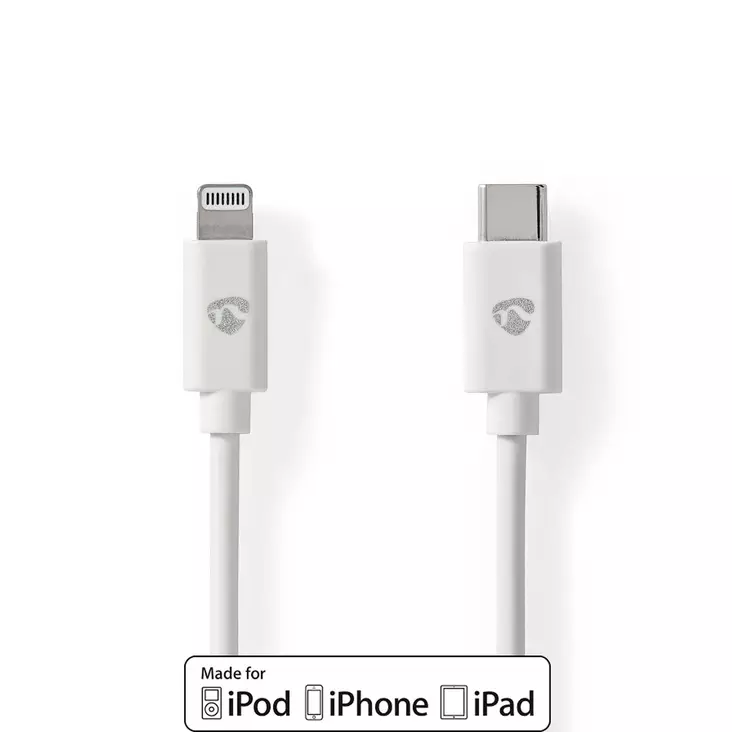 Lightning Kabel | USB 2.0 | Apple Lightning, 8-stifts | USB-C Hane | 480 Mbps | Nickelplaterad | 2.00 m | Rund | PVC | Vit | Label - Nedis produkter - 5412810421077 - 1