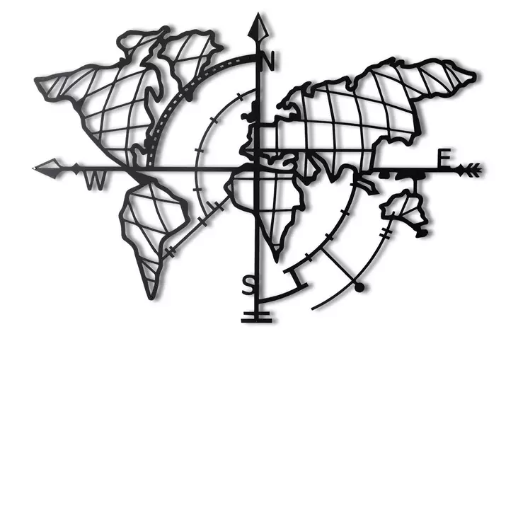 Väggdekor Metall Wallity World Map Compass Led Svart Metall 65x95 cm - Dekorationer, prydnadsföremål - 8681875643817 - 1