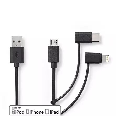 3 i 1 kabel | USB 2.0 | USB-A Hane | Apple Lightning, 8-stifts / USB Micro-B Hane / USB-C Hane | 480 Mbps | 1.00 m | Nickelplaterad | Rund | PVC | Svart | Label - Dator och nätverk - 5412810421718 - 1