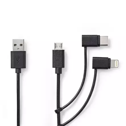 3 i 1 kabel | USB 2.0 | USB-A Hane | Apple Lightning, 8-stifts / USB Micro-B Hane / USB-C Hane | 480 Mbps | 1.00 m | Nickelplaterad | Rund | PVC | Svart | Label - Dator och nätverk - 5412810421718 - 2