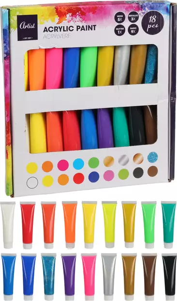 Akryylimaalit 18 kpl, 36 ml tuubeissa - Akrylfärger och målarfärger - 8720573487108 - 1