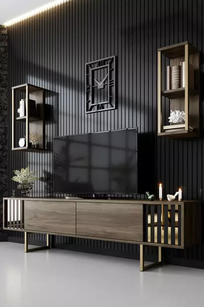 TV-bänk Hanah Home Gold Line Valnöt Svart Spånskiva 180x30x48 cm - TV-bänkar - 8683742126188 - 2