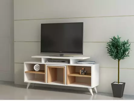 TV-bänk Hanah Home Kutay Vit Teak Spånskiva 120x56,9x29,5 cm - TV-bänkar - 8681181979358 - 2