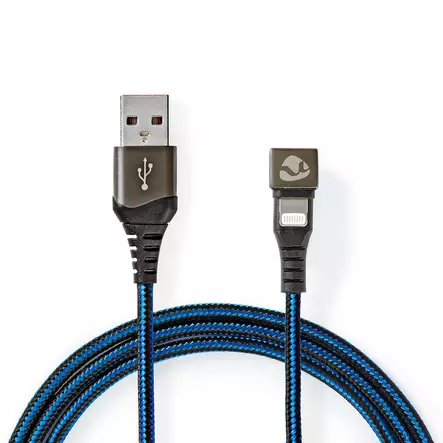 USB-kabel | USB 2.0 | Apple Lightning, 8-stifts | USB-A Hane | 12 W | 480 Mbps | Nickelplaterad | 1.00 m | Rund | Flätad / Nylon | Blå / Svart | Kartong med täckt fönster - Spelprodukter - 5412810326808 - 2