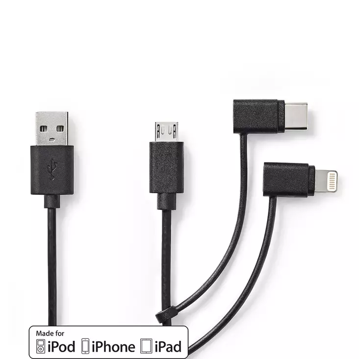 3 i 1 kabel | USB 2.0 | USB-A Hane | Apple Lightning, 8-stifts / USB Micro-B Hane / USB-C Hane | 480 Mbps | 1.00 m | Nickelplaterad | Rund | PVC | Svart | Label - Dator och nätverk - 5412810421718 - 1