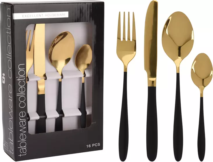 Aterinsetti 16 kpl musta-kulta - Bestick och serveringsredskap - 8720573136518 - 1
