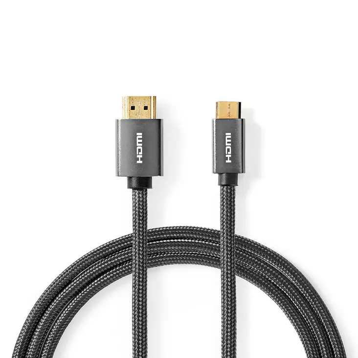 High Speed HDMI kabel med Ethernet | HDMI Kontakt | HDMI Mini kontakt | 4K@60Hz | 18 Gbps | 2.00 m | Rund | Bomull | Antracit / Grått Med Metall | Kartong med täckt fönster - HDMI-kablar - 5412810319558 - 1