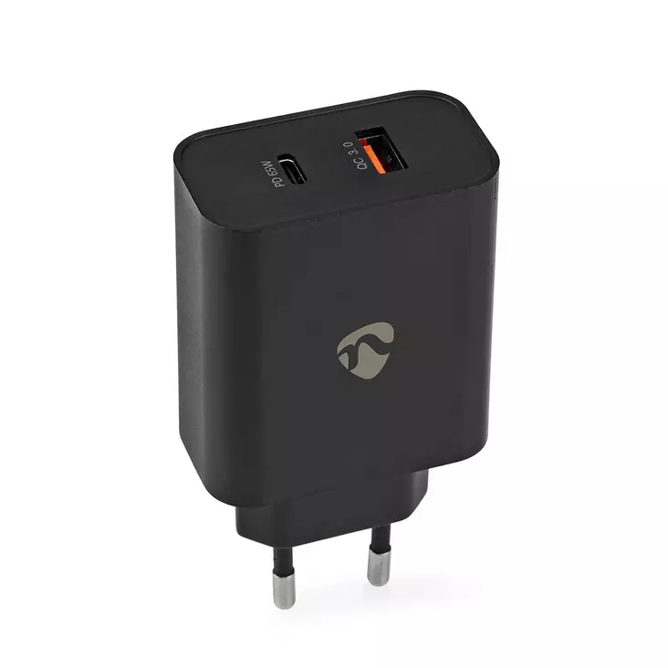 Väggladdare | 65 W | Snabbladdnings funktion | 2.0 / 2.25 A / 3.25 A A | Antal utgångar: 2 | USB-A / USB-C | Automatiskt val av Spänning | Svart - Nätladdare - 5412810407668 - 1