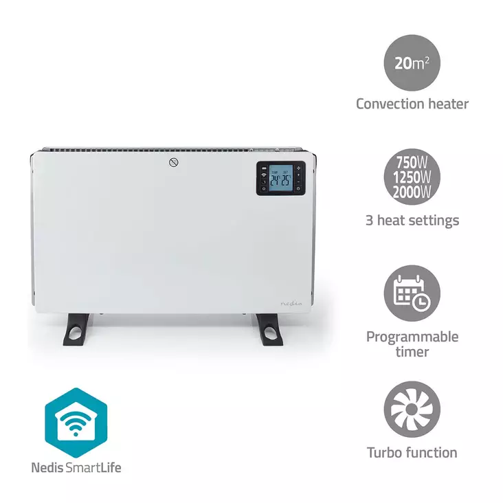 SmartLife Konvektion Värmare | 2000 W | 3 Värmeinställningar | LCD | 5 - 37 °C | Justerbar termostat | Vit - Uppvärmning - 5412810443178 - 1