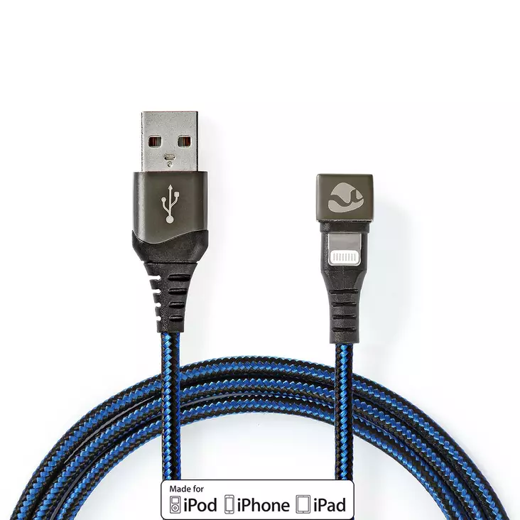 USB-kabel | USB 2.0 | Apple Lightning, 8-stifts | USB-A Hane | 12 W | 480 Mbps | Nickelplaterad | 1.00 m | Rund | Flätad / Nylon | Blå / Svart | Kartong med täckt fönster - Spelprodukter - 5412810326808 - 1
