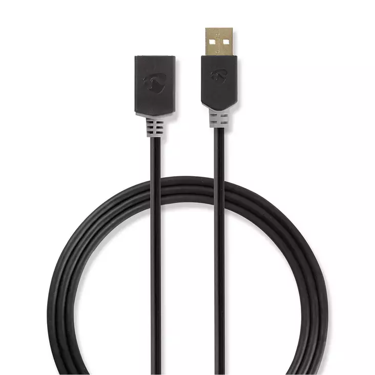 USB-kabel | USB 2.0 | USB-A Hane | USB-A Hona | 480 Mbps | Guldplaterad | 2.00 m | Rund | PVC | Antracit | Låda - Dator och nätverk - 5412810263448 - 1