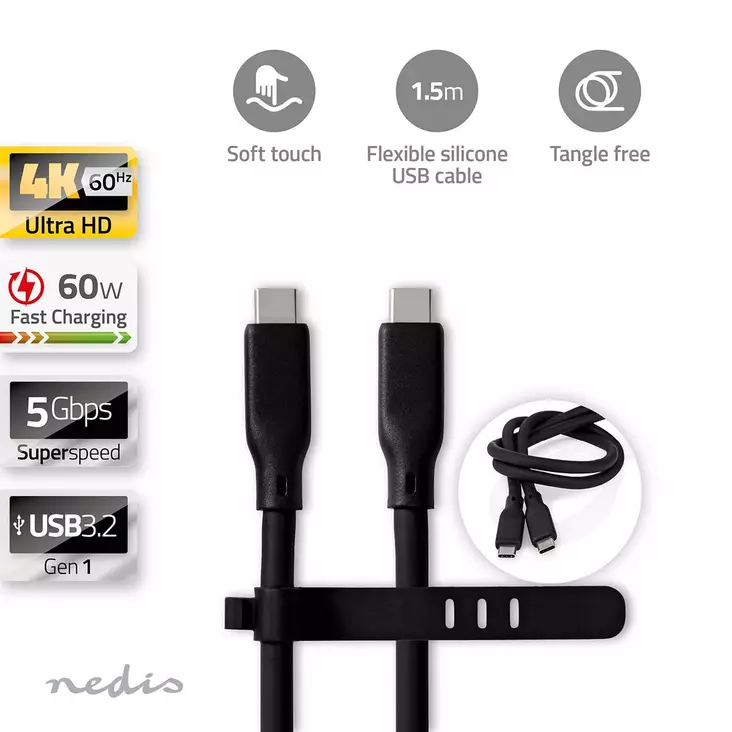 USB-kabel | USB 3.2 Gen 1 | USB-C Hane | USB-C Hane | 60 W | 4K@60Hz | 5 Gbps | Nickelplaterad | 1.50 m | Rund | Silikon | Svart | Låda - Dator och nätverk - 5412810417988 - 1