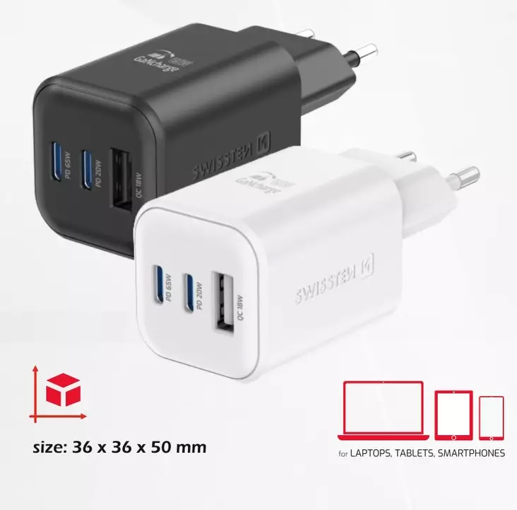 Laddare | 65 W | 2x USB-C 65W PD/1x USB-A 18W QC | Vit | Swissten - Nätladdare - 8595217484528 - 1
