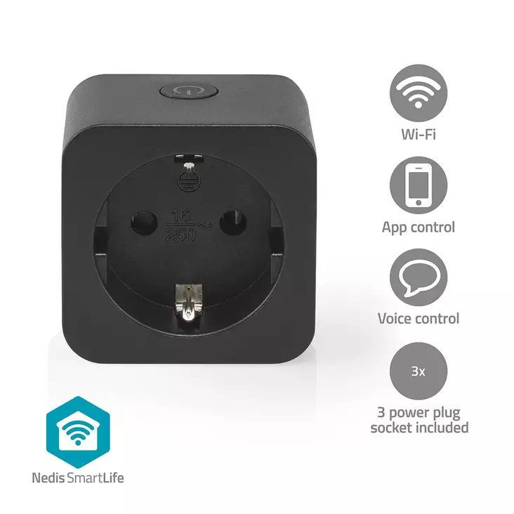 SmartLife Smart Plug | Wi-Fi | IP21 | Strömmätare | 3680 W | Type F (CEE 7/3) | 0 - 55 °C | Android / IOS | Svart | 3 st. - Smarta eluttag - 5412810481538 - 1
