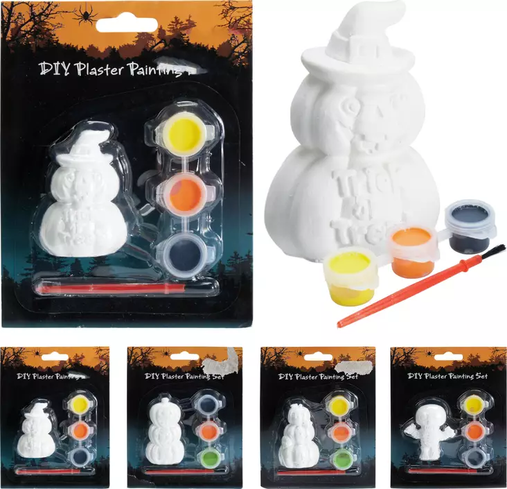 Halloween DIY målningsset 5 delar – barnens pysselpaket med gipsgestalter, färger och pensel - Festdekorationer - 8721037439138 - 1