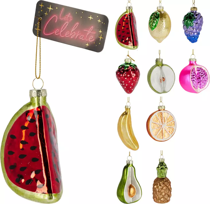 Glasfruktsdekoration 10 st – färgglad hängande fest- och inredningsdekoration med gyllene ögla - Juldekorationer och textilier - 8721037629478 - 1