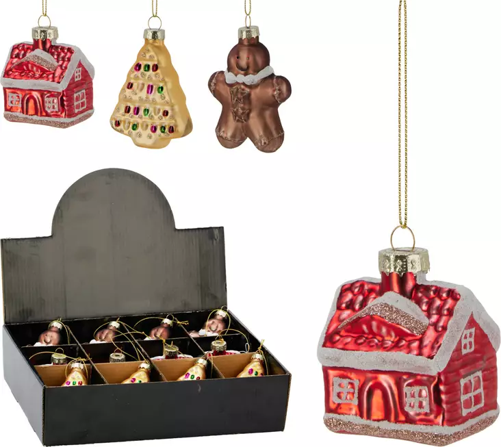Glasigt juldekorationsset 9 delar – hus, gran och pepparkaksgubbe – glansig och glittrande dekoration - Juldekorationer och textilier - 8721037658768 - 1