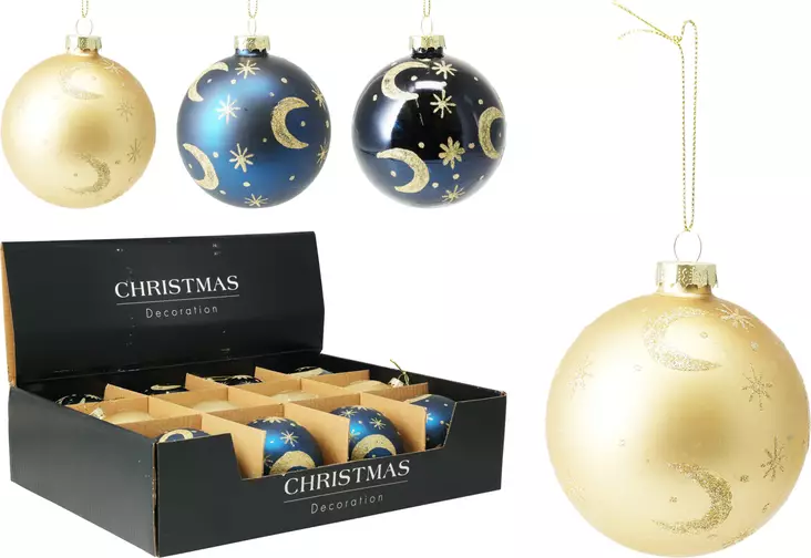 Julgranskula i glas 8?cm Måne och stjärnor – lyxig blå och gyllene dekoration i presentförpackning - Juldekorationer och textilier - 8721037674898 - 1