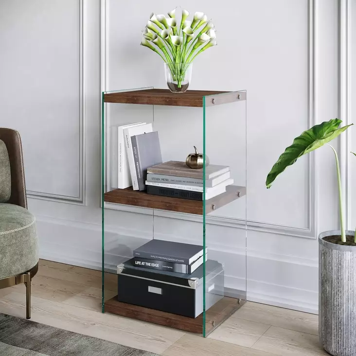 Bokhylla Hanah Home R300 Valnöt Massiv Furu Härdat Glas 40x80x35 cm - Bokhyllor - 8681875832068 - 1