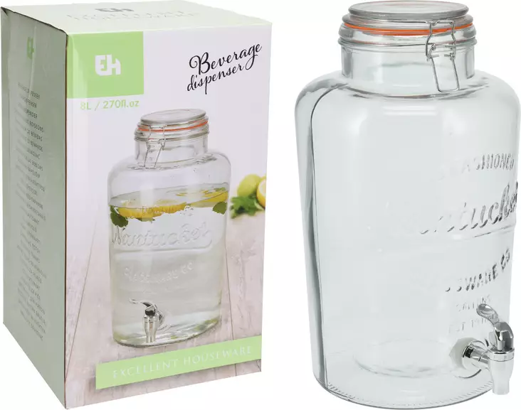 Dryckesdispenser glas 8L, klämlock, silikonring - Hushållsprodukter - 8718158645838 - 1