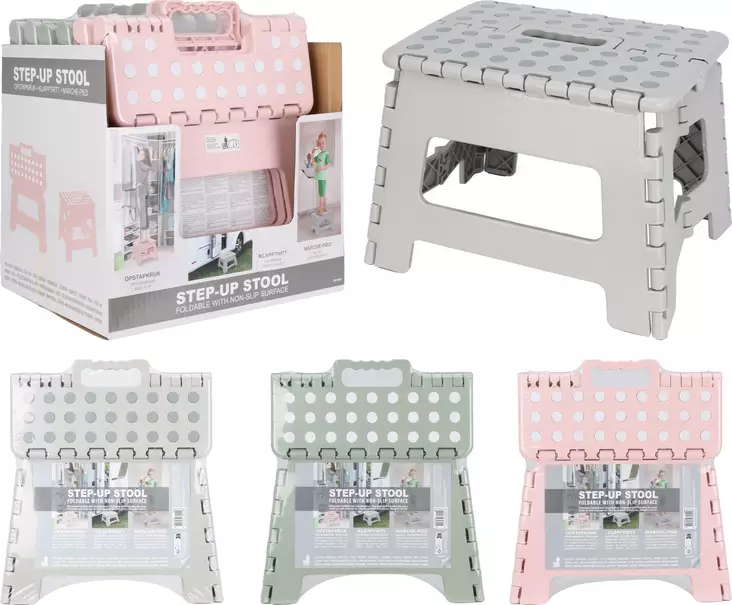 Hopfällbar pall, rosa/grå/grön, med bärhandtag, EN14183 godkänd, max 150 kg - Stolar och pallar - 8721037394208 - 1