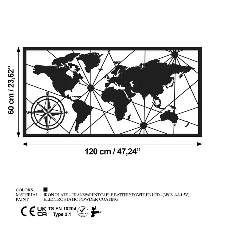 Väggdekor Metall Wallity World Map Led Svart Metall 60x120 cm - Dekorationer, prydnadsföremål - 8684282635208 - 1