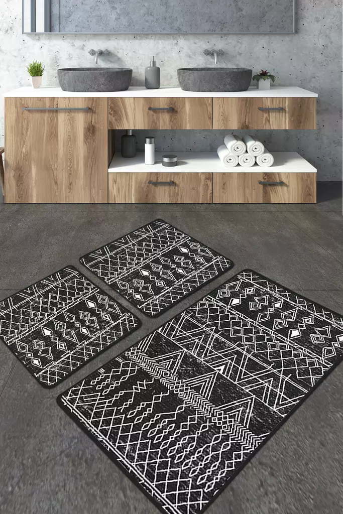 Badrumsmatta Set Mijölnir Svart Anthracite Vit 100% Polyester Halkfri Antibakteriell 50x60 cm & 60x100 cm - Badrumsmattor och våtrumsmattor - 8683342206228 - 1