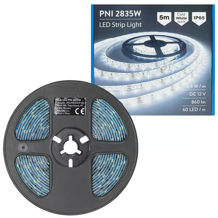 PNI LED-remsa 2835W, 300 lysdioder, kallvit 6000K, 860lm, dimbar, pekknapp, 230V strömförsörjning, silikon, 5 meter, IP65 - PNI produkter - 5949066532788 - 1