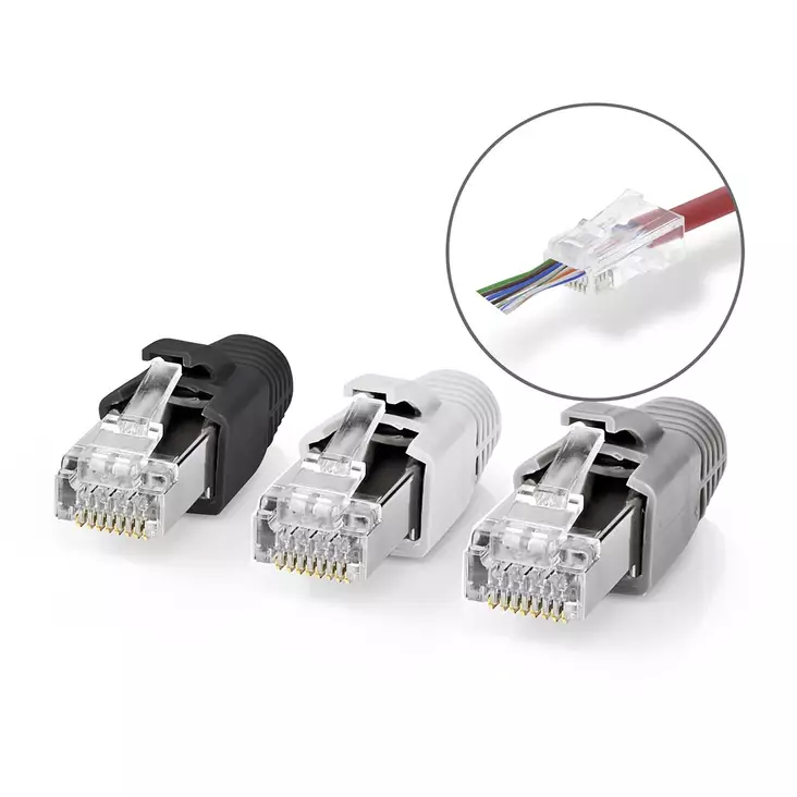 RJ45-kontakt | RJ45 Pass Through | Solid/strängad FTP CAT7 | Rak | Guldplaterad | 10 st. | Polycarbonate | Grå / Svart / Vit | Låda - Dator och nätverk - 5412810336388 - 1
