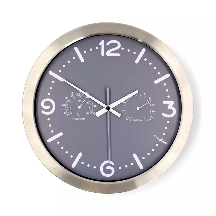 Väggklocka | Diameter: 300 mm | Rostfritt stål | Tyst rörelse | Termometer (temperatur) | Hygrometer | Grå / Metall - Klockor - 5412810473878 - 1