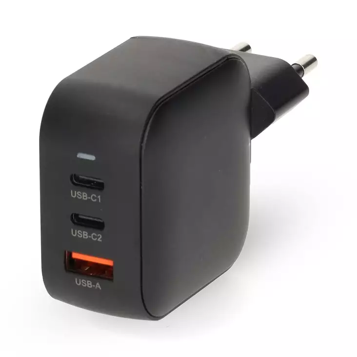 Väggladdare | 70 W | GaN | PD3.0 | 1.5 / 2.25 A / 2.5 / 3.0 / 3.5 A | Antal utgångar: 3 | USB-A / 2x USB-C | Automatiskt val av Spänning | Svart - Nätladdare - 5412810470228 - 1