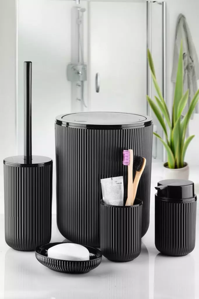 Badrumsset Mijölnir Svart 100% Plast 6,5x6,5x18,5 cm & 13x13x3 cm & 8x8x10,5 cm & 10,5x10,5x33 cm & 18,5x18,5x23 cm - Badrumstillbehör - 8684283711598 - 1