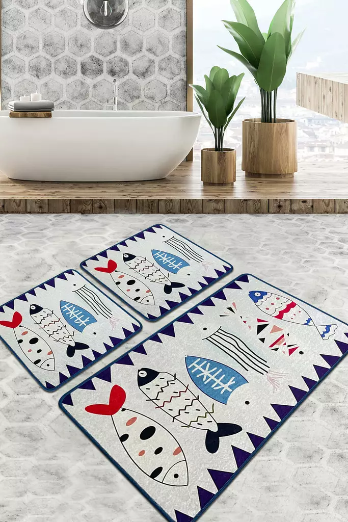 Badrumsmatta Set Mijölnir Flerfärgad 100% Polyester Antibakteriell Halkfri Maskintvättbar 50x60 cm & 60x100 cm - Badrumsmattor och våtrumsmattor - 8683342286978 - 1